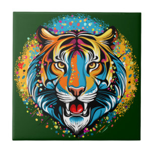 Tiger Head Rainbow colours paint stains Ceramic Tile