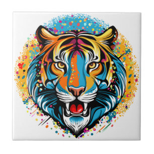 Tiger Head Rainbow colours paint stains Ceramic Tile