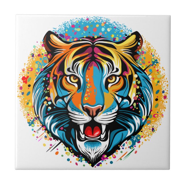 Tiger Head Rainbow colours paint stains Ceramic Tile (Front)