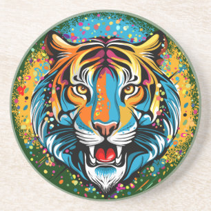 Tiger Head Rainbow colours paint stains Coaster