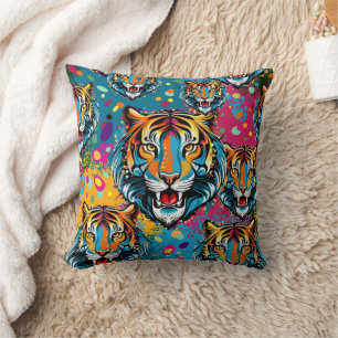 Tiger Head Rainbow colours paint stains Cushion