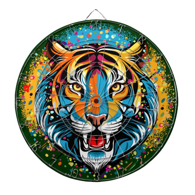 Tiger Head Rainbow colours paint stains Dartboard (Front)