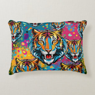 Tiger Head Rainbow colours paint stains Decorative Cushion