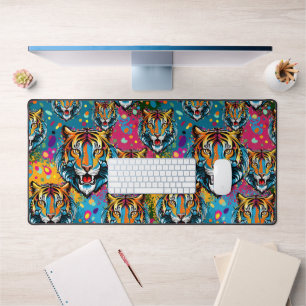 Tiger Head Rainbow colours paint stains Desk Mat