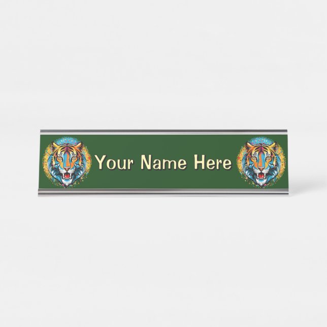 Tiger Head Rainbow colours paint stains Desk Name Plate (Front)