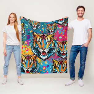 Tiger Head Rainbow colours paint stains Fleece Blanket