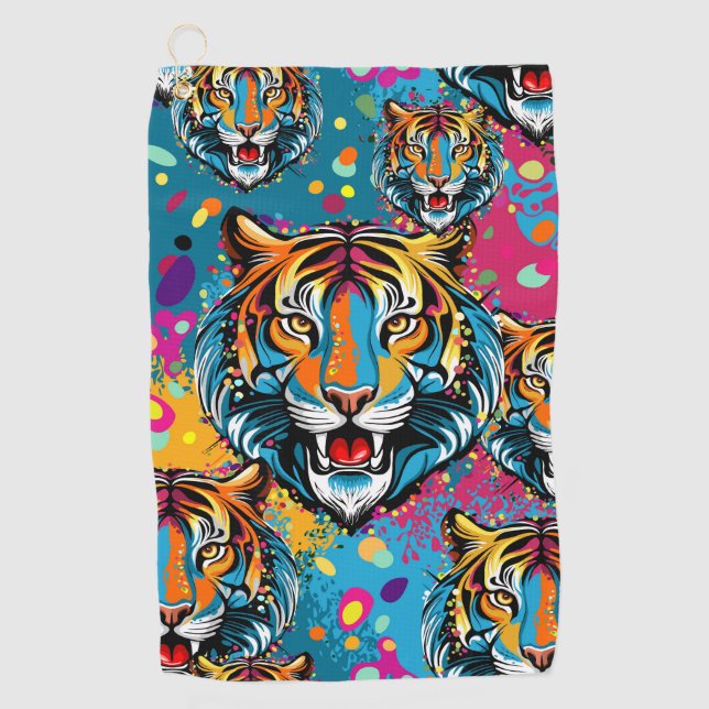 Tiger Head Rainbow colours paint stains Golf Towel (Front)