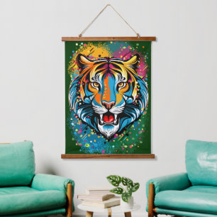 Tiger Head Rainbow colours paint stains Hanging Tapestry