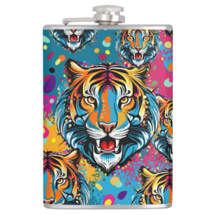 Tiger Head Rainbow colours paint stains Hip Flask