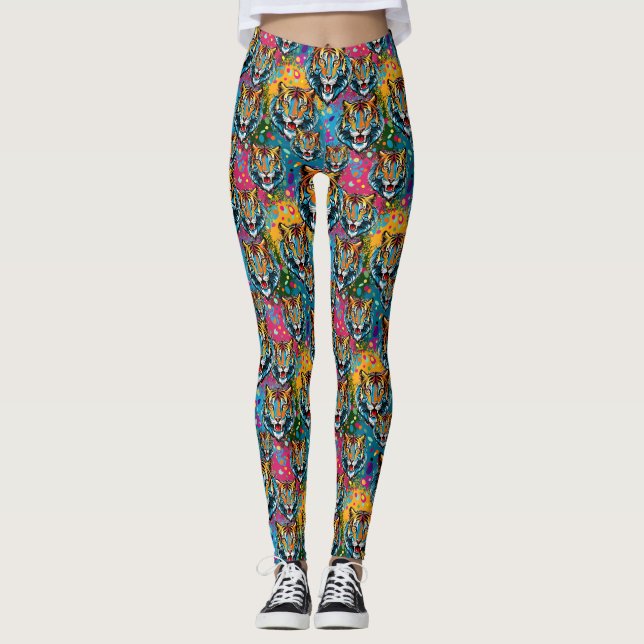 Tiger Head Rainbow colours paint stains Leggings (Front)