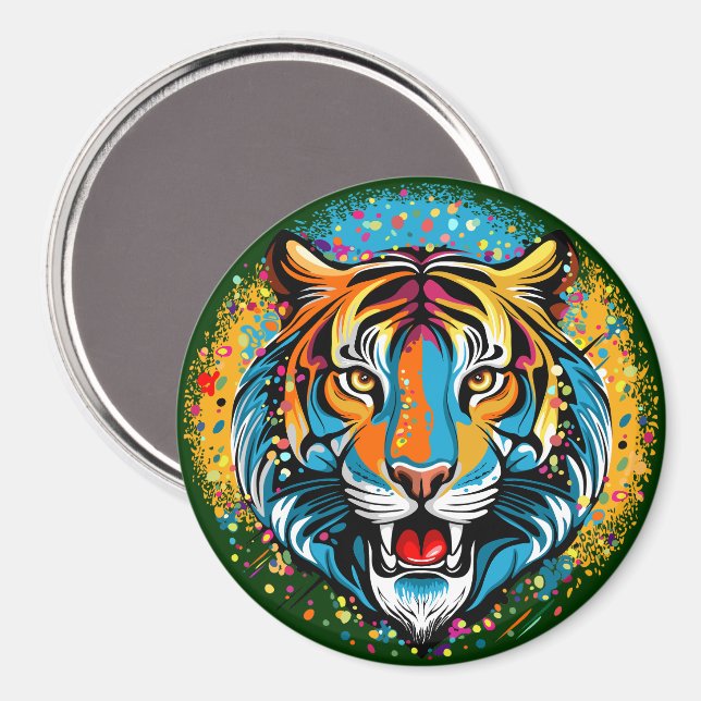 Tiger Head Rainbow colours paint stains Magnet (Front/Back)