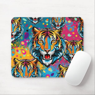 Tiger Head Rainbow colours paint stains Mouse Pad