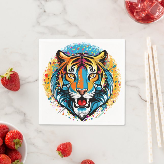 Tiger Head Rainbow colours paint stains Napkin (Insitu)