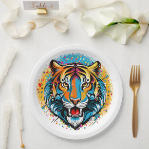 Tiger Head Rainbow colours paint stains Paper Plate