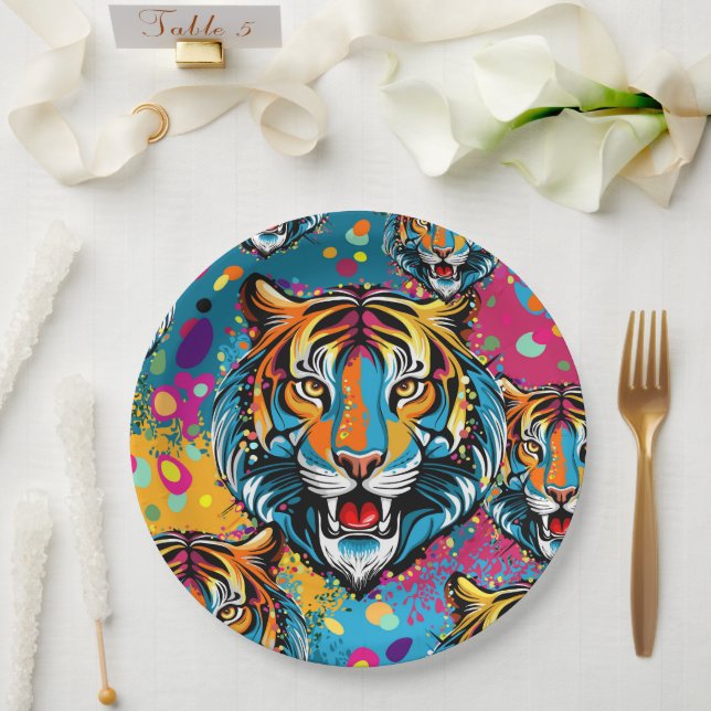Tiger Head Rainbow colours paint stains Paper Plate (Wedding)
