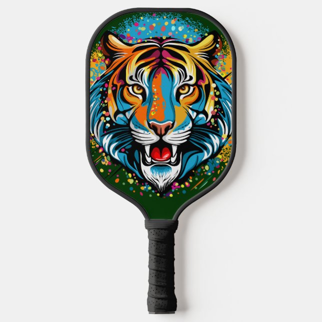 Tiger Head Rainbow colours paint stains Pickleball Paddle (Front)