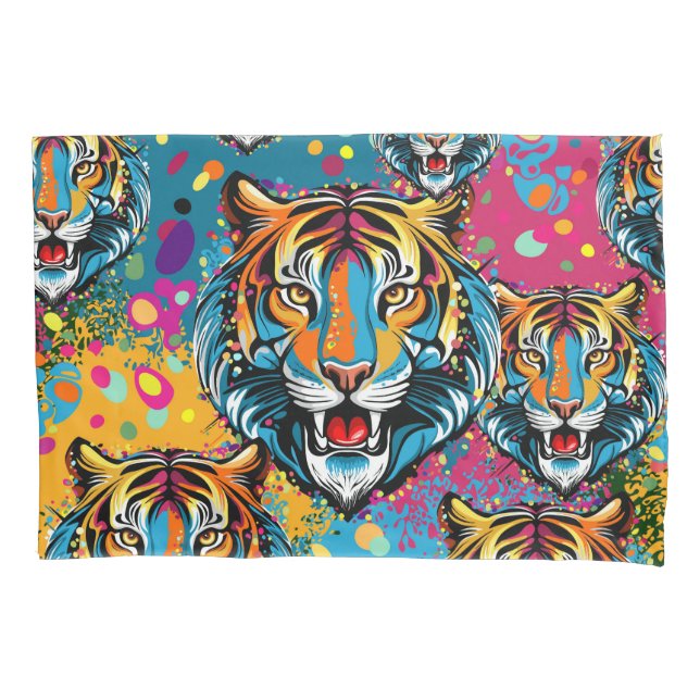 Tiger Head Rainbow colours paint stains Pillowcase (Front)