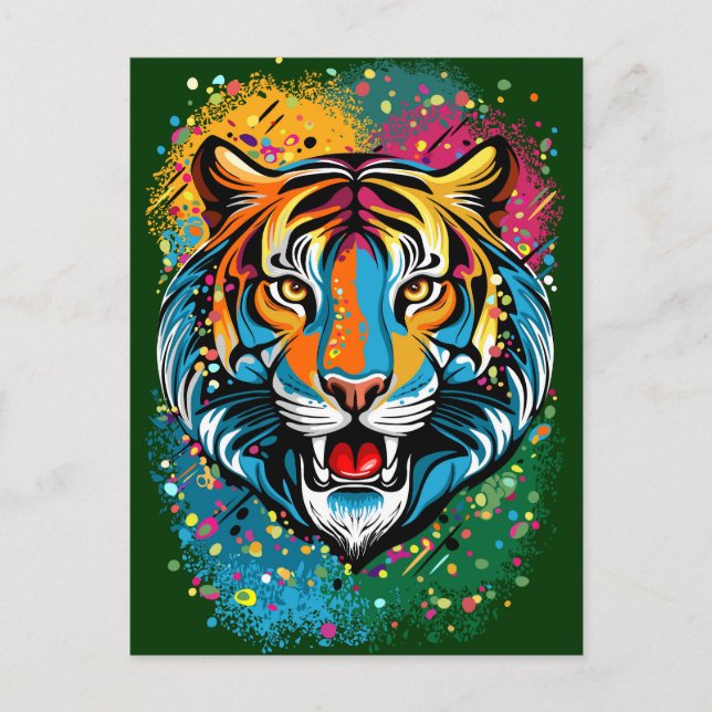 Tiger Head Rainbow colours paint stains Postcard (Front)