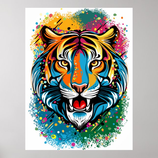 Tiger Head Rainbow colours paint stains Poster (Front)