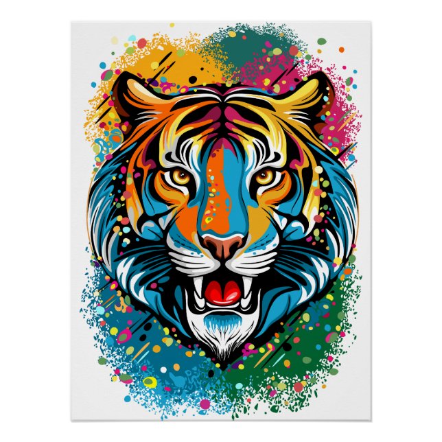 Tiger Head Rainbow colours paint stains Poster (Front)