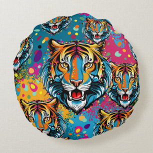 Tiger Head Rainbow colours paint stains Round Cushion