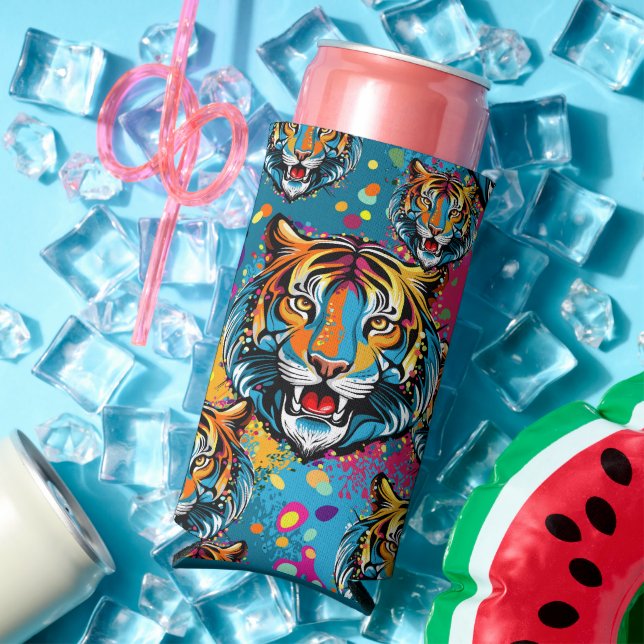 Tiger Head Rainbow colours paint stains Seltzer Can Cooler (In Situ Summer)