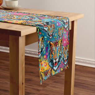 Tiger Head Rainbow colours paint stains Short Table Runner
