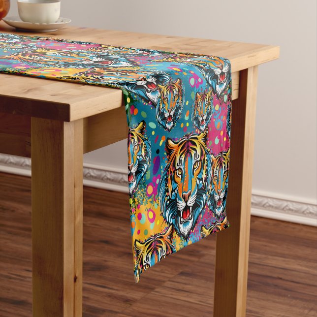 Tiger Head Rainbow colours paint stains Short Table Runner (In Situ)