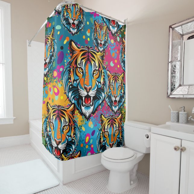Tiger Head Rainbow colours paint stains Shower Curtain (In Situ)