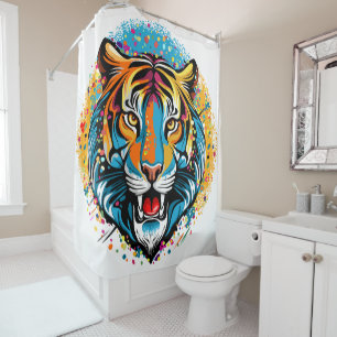 Tiger Head Rainbow colours paint stains Shower Curtain