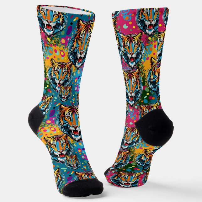 Tiger Head Rainbow colours paint stains Socks (Angled)