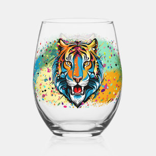 Tiger Head Rainbow colours paint stains Stemless Wine Glass