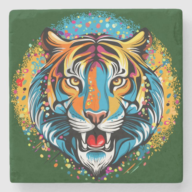 Tiger Head Rainbow colours paint stains Stone Coaster (Front)