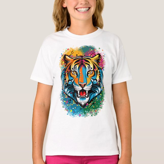 Tiger Head Rainbow colours paint stains T-Shirt (Front)