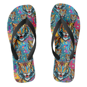 Tiger Head Rainbow colours paint stains Thongs