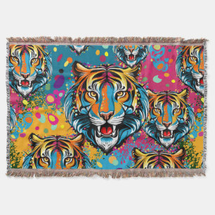 Tiger Head Rainbow colours paint stains Throw Blanket