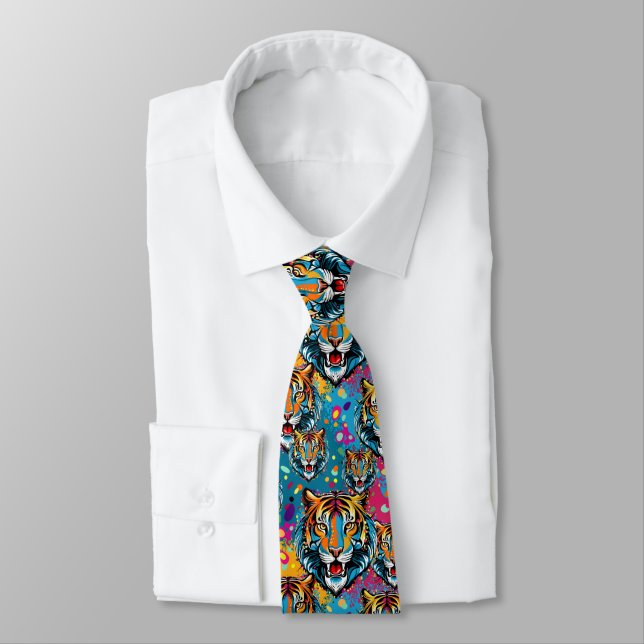 Tiger Head Rainbow colours paint stains Tie (Tied)