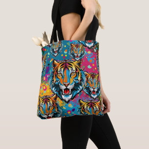 Tiger Head Rainbow colours paint stains Tote Bag