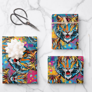 Tiger Head Rainbow colours paint stains Wrapping Paper Sheet