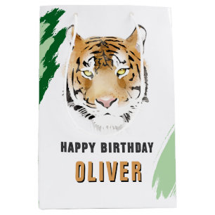 Tiger Head Watercolor Animal Happy Birthday Medium Gift Bag