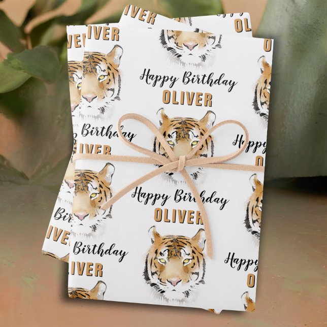 Tiger Head Watercolor Animal Happy Birthday Wrapping Paper Sheet (Creator Uploaded)