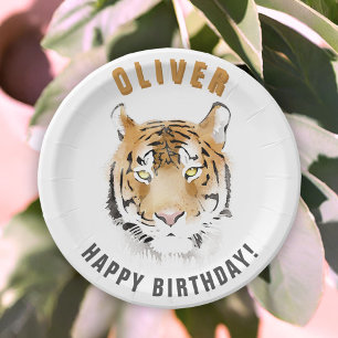 Tiger Head Watercolor Birthday Name Paper Plate
