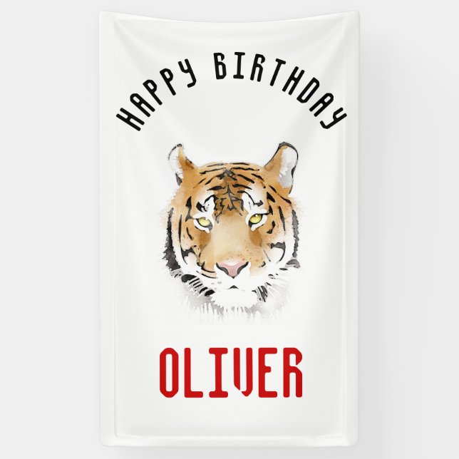 Tiger Head Watercolor Happy Birthday Backdrop Banner (Vertical)