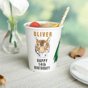 Tiger Head Watercolor Name Birthday Party Paper Cups