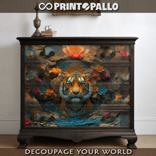 Tiger head with flowers and stone collage tissue paper