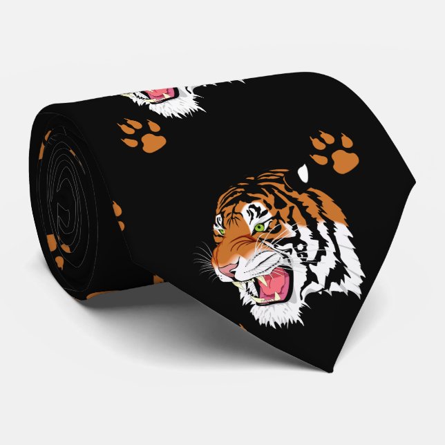 Tiger Head With Paw Prints On Black Necktie (Rolled)