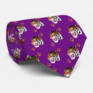 Tiger Head With Paw Prints On Purple Necktie