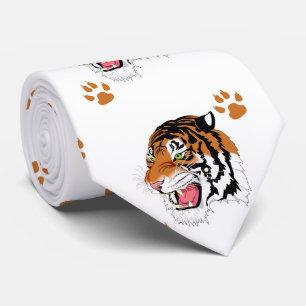 Tiger Head With Paw Prints On White Necktie