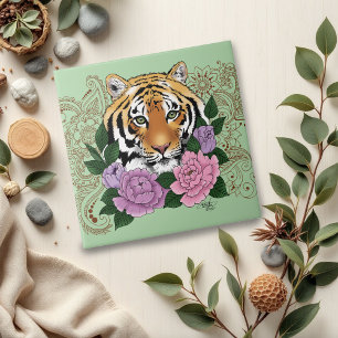 Tiger Henna Pink Purple Flowers Ceramic Tile
