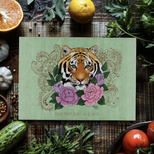 Tiger Henna Pink Purple Flowers Cutting Board